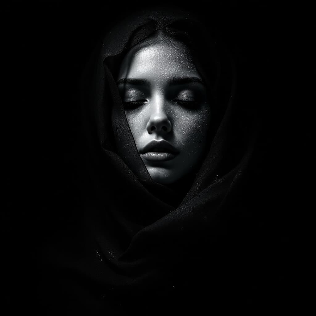 AI generated: image of a lady's face enveloped in a shroud-like material, appears to be merging with the air aroun...