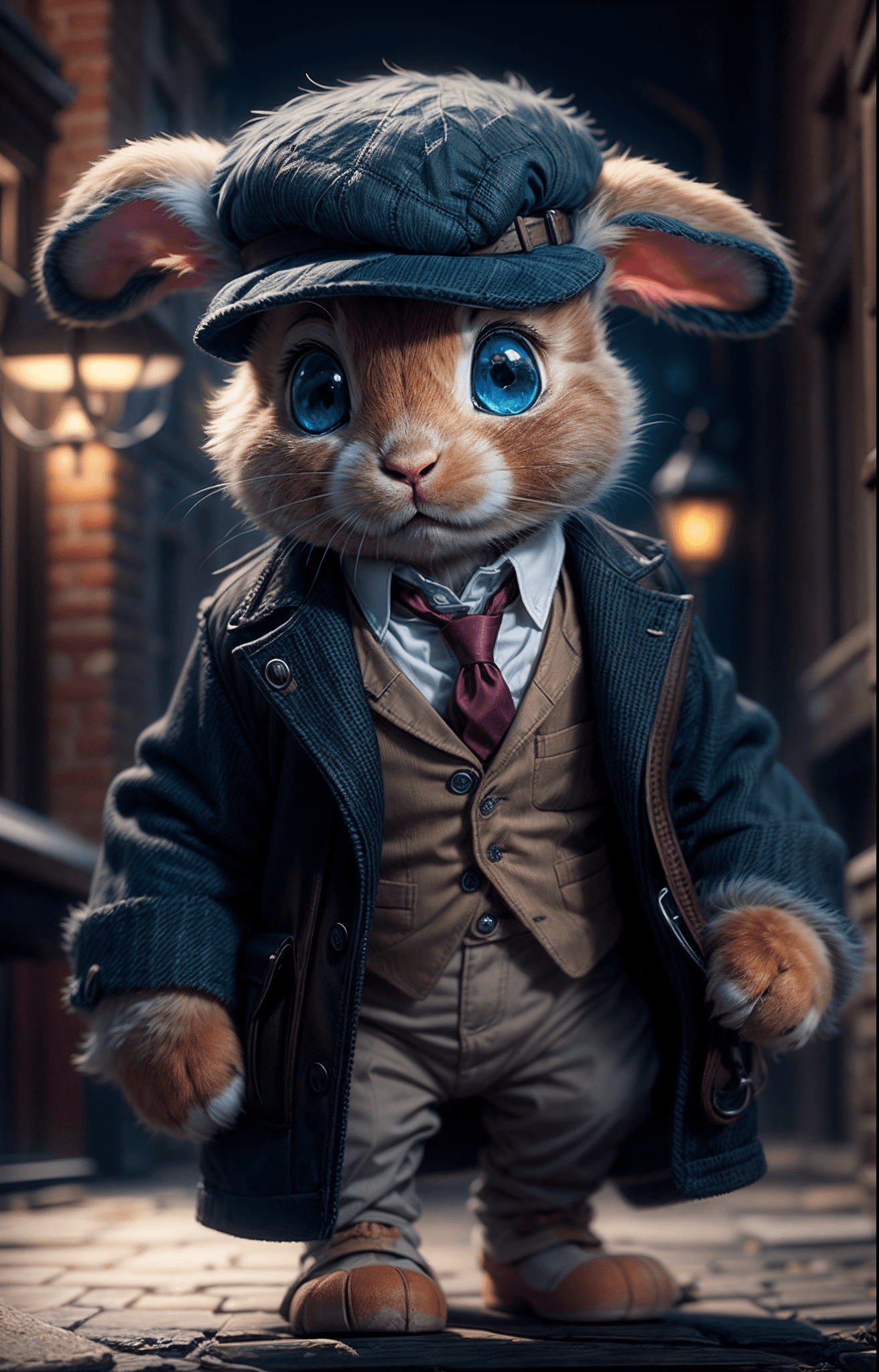 AI generated: cut little fluffy Bunny cub dressed up as sherlock holmes, blue eyes, investigating a crime, pixar-s...