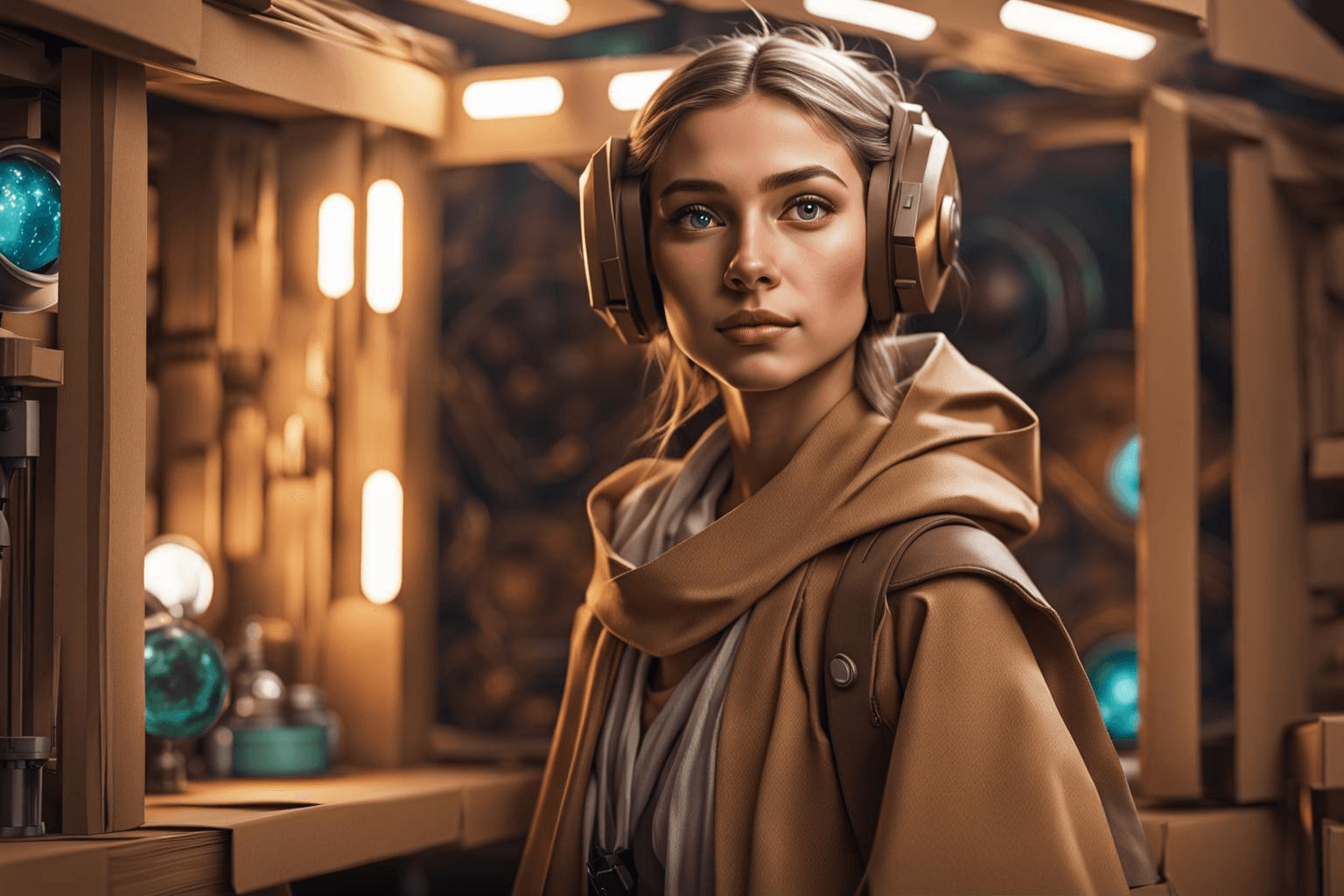 AI generated: Flat illustration, 3d, close up, a cute girl cosplaying Jedi from Star wars movie, in bogus room env...