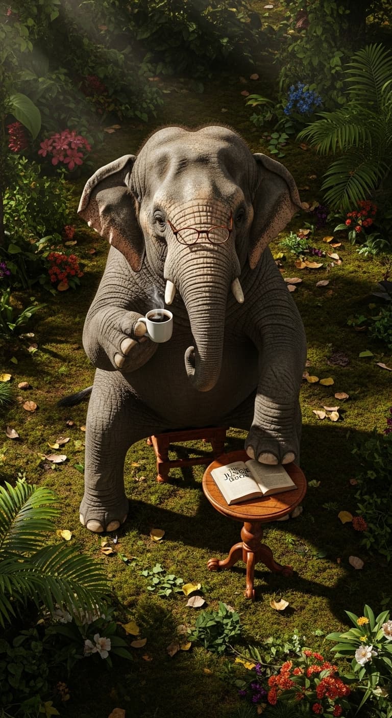 AI generated: 32k, aerial angle shot, super detailed, sharp, uhd, a realistic image of an elephant sitting down dr...
