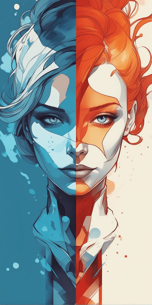 AI generated: a woman with red hair and blue eyes and a white face, beautiful comic art, orange fire/blue ice dual...