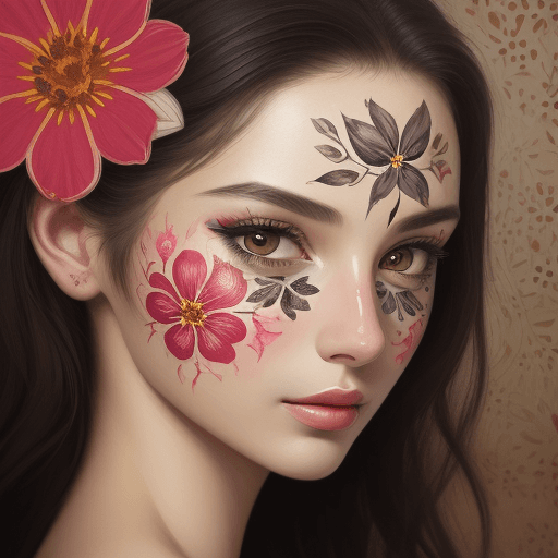 AI generated: detailed painting of beautiful of woman face, flower printed skin, flower patterns on face, think te...