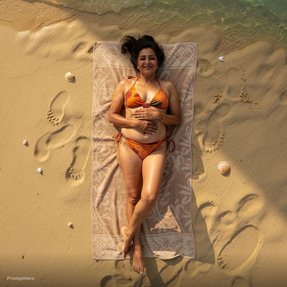 AI generated: Generate an Indian 50 year old Indian aunty in bikini laying on the back and legs spread with bird e...