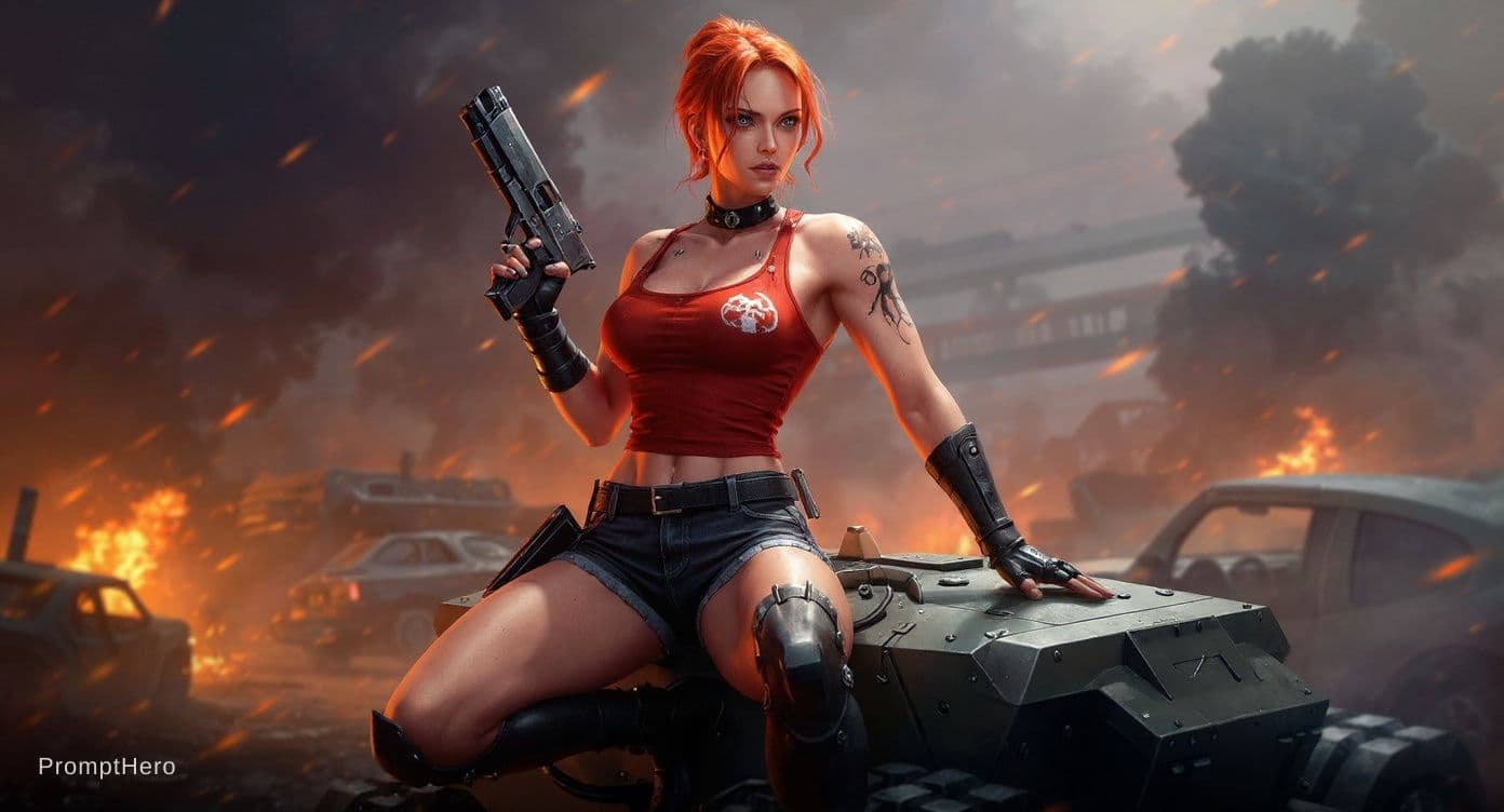 AI generated: Full-body shot, athletic redhead woman with blue eyes kneeling on an armored vehicle. She wears a re...