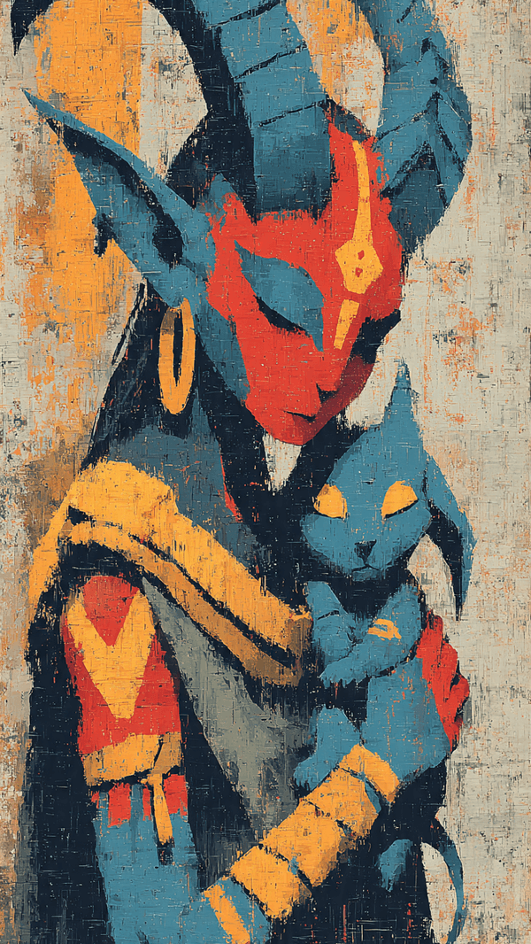 AI generated: Demoness,holding imp,brushstroke