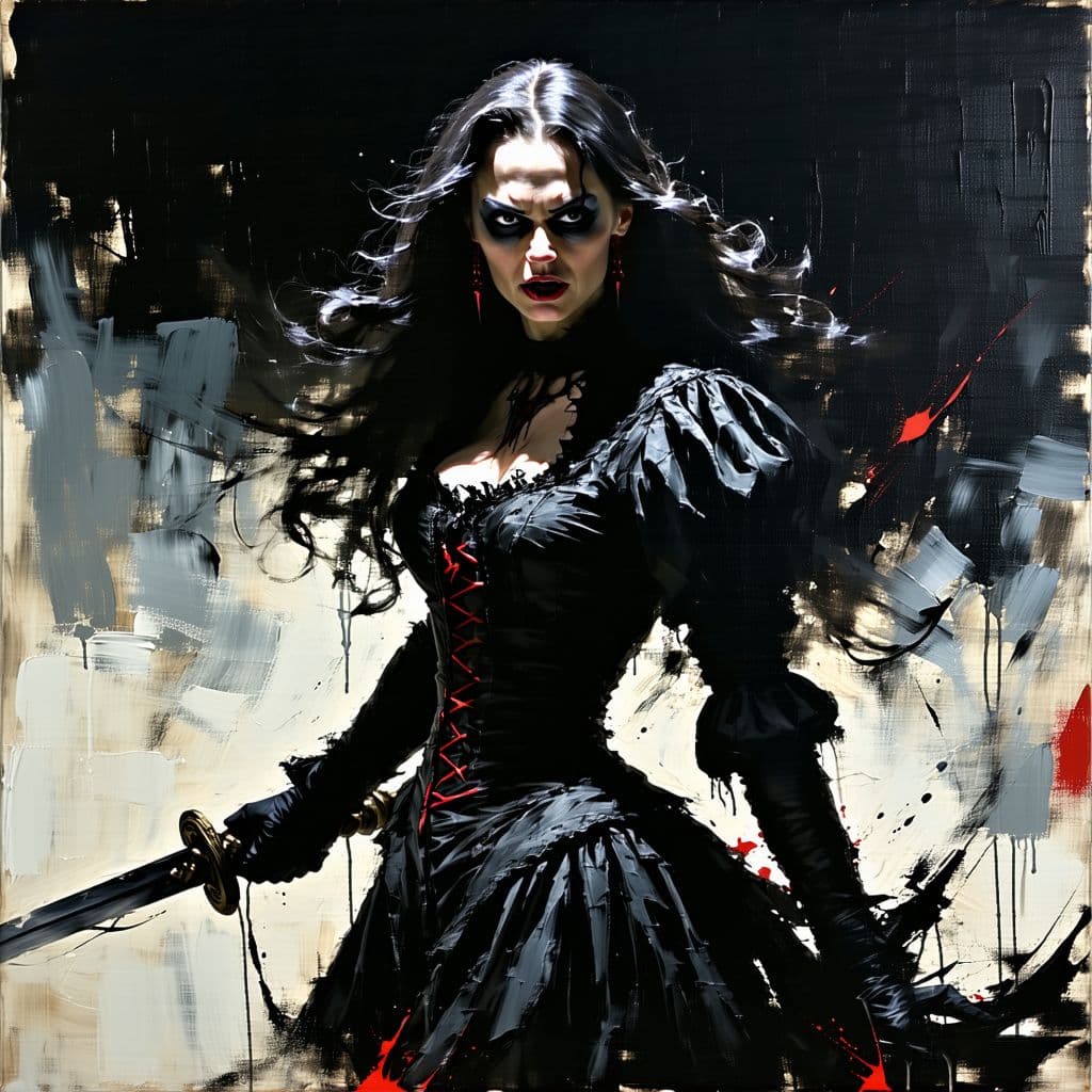 AI generated: Female vampire chaos space , holding a weapon, long flowing hair, in the style of gritty horror comi...