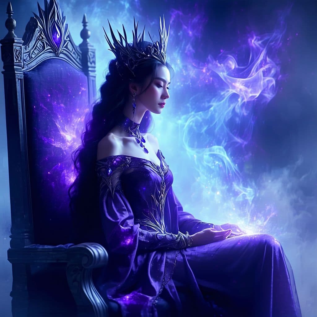 AI generated: A regal court orchestrator, her form shifting as she changes from one persona to the other and with ...