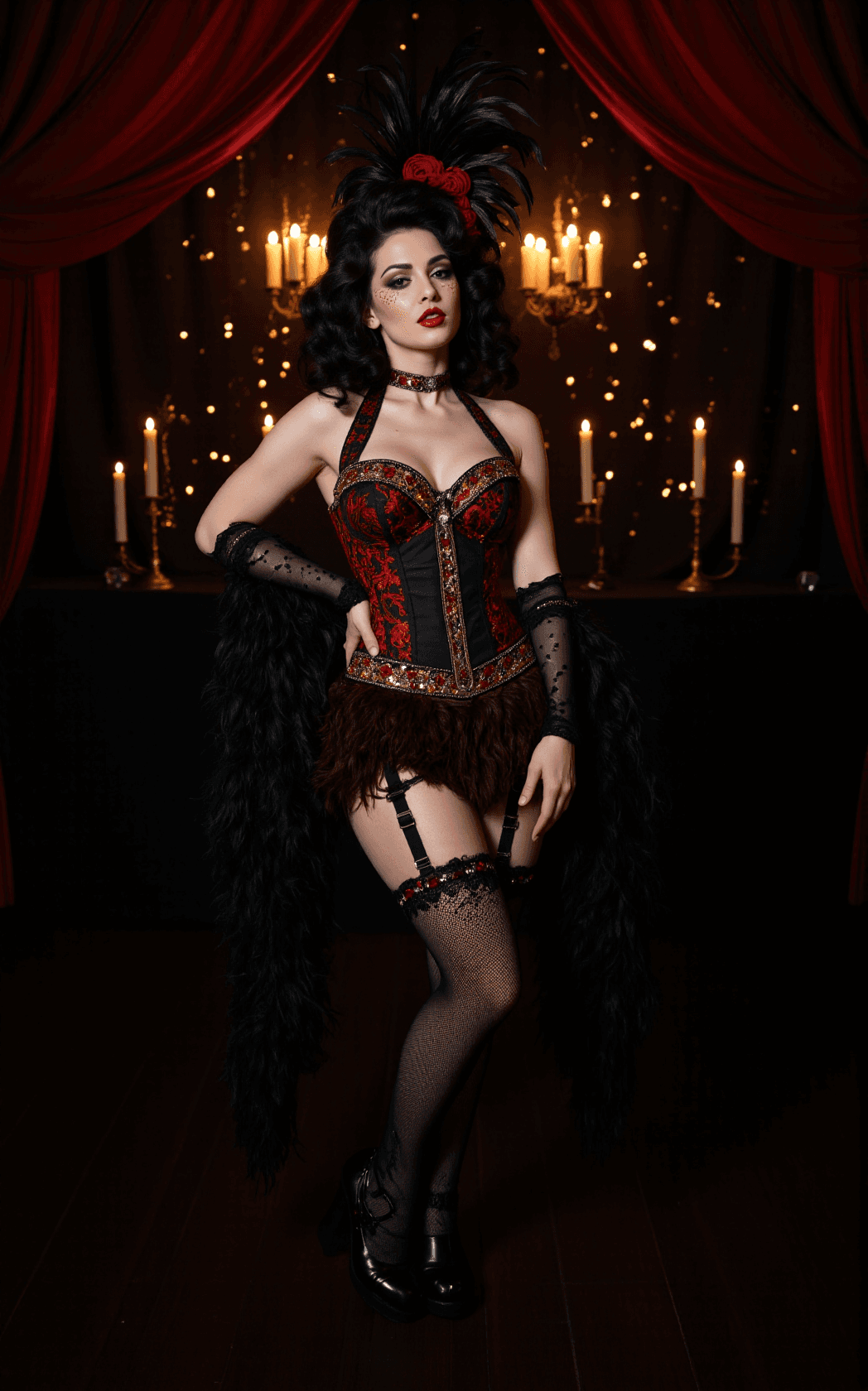 AI generated: A full-body portrait of a gothic cabaret showgirl radiates vampiric peacock glamour, her hourglass s...