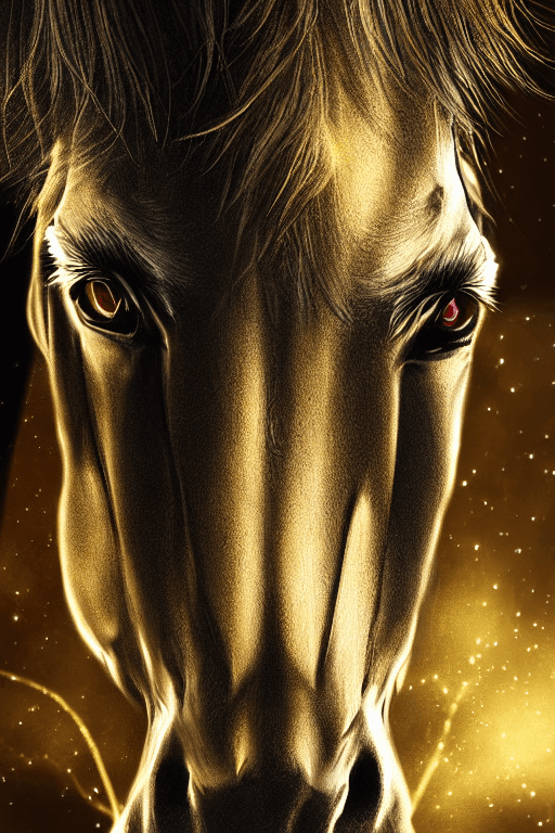 AI generated: high-resolution digital art of horse, detail robot type, brave face, gold and black metal body, illu...