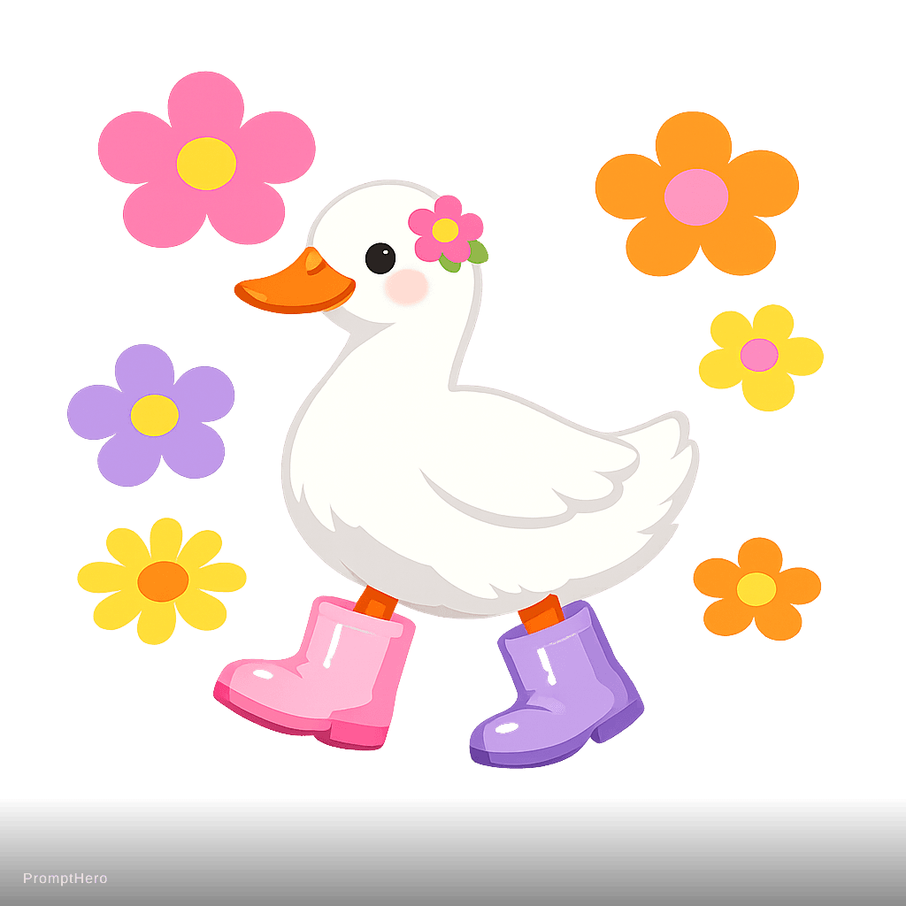 AI generated: Adorable white duck walking confidently, wearing glossy pastel rain boots and a tiny flower hair cli...