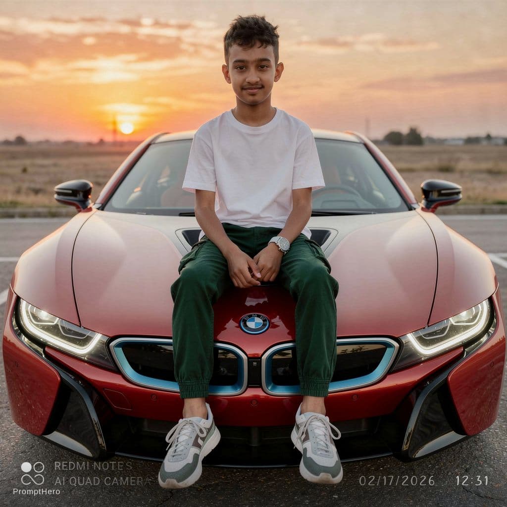AI generated: I wante the boy site on the BMW I8 car bonnet.the car is red color.the nice sun set wante background...