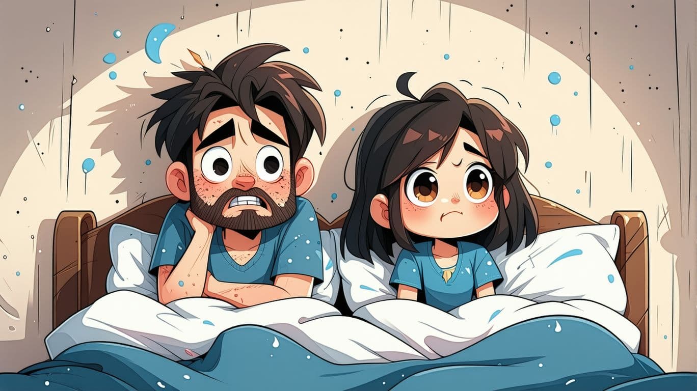 AI generated: A disheveled guy and girl are sitting in bed, having insomnia. Cartoon style.