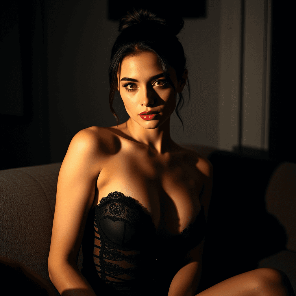 AI generated: **Subject**:  
A woman with soft, wavy black hair tied in a neat bun. She has piercing perfect eyes...