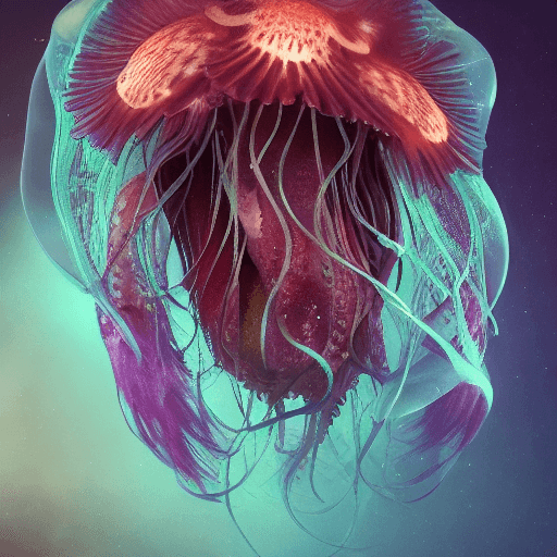 AI generated: Goddess close-up portrait ribcagel. jellyfish phoenix head, nautilus, orchid, skull, betta fish, bio...
