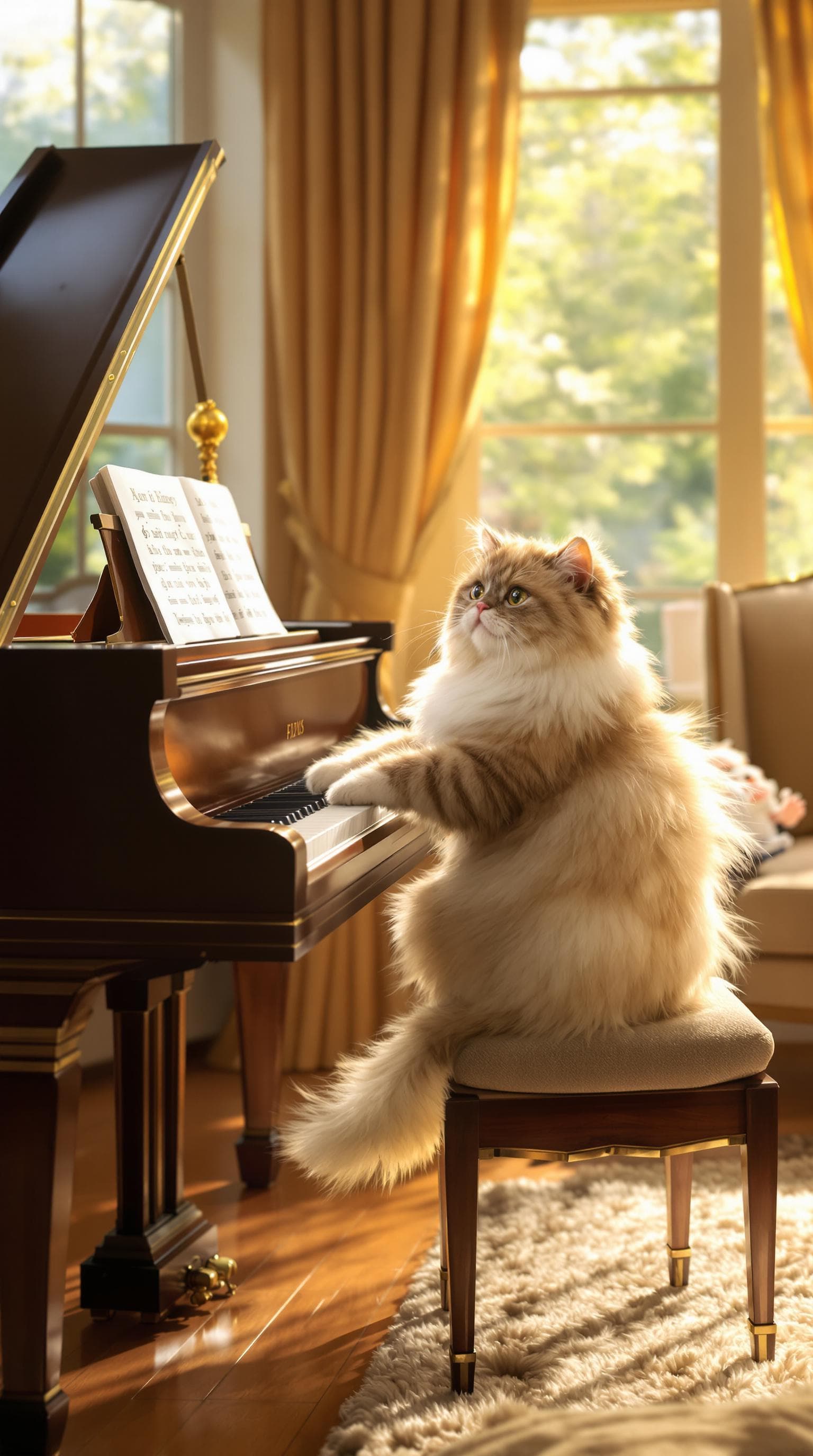 AI generated: A hyper-realistic image of a fluffy Persian cat sitting upright on a stool, elegantly playing a gran...