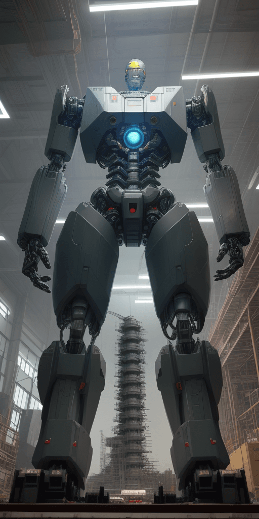 AI generated: giant robot manufacture, (cutaway view:1.2) of mechanical torso, microchip, wire, computer,  mechani...