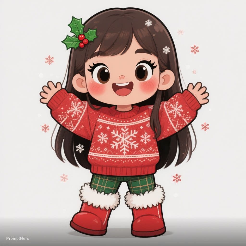 AI generated: chibi Christmas girl sticker, long straight dark brown hair parted in middle reaching waist, small r...