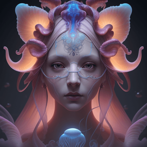 AI generated: Goddess close-up portrait ribcagel. jellyfish phoenix head, nautilus, orchid, skull, betta fish, bio...