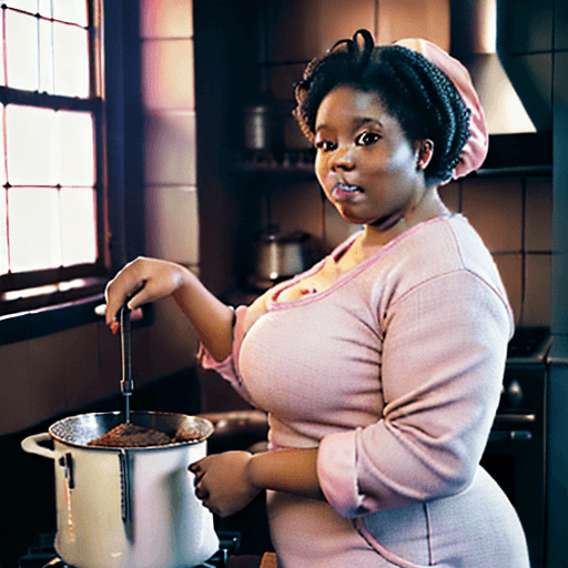 AI generated: High resolution photography interior design, overweight African American female chef, baking, organi...