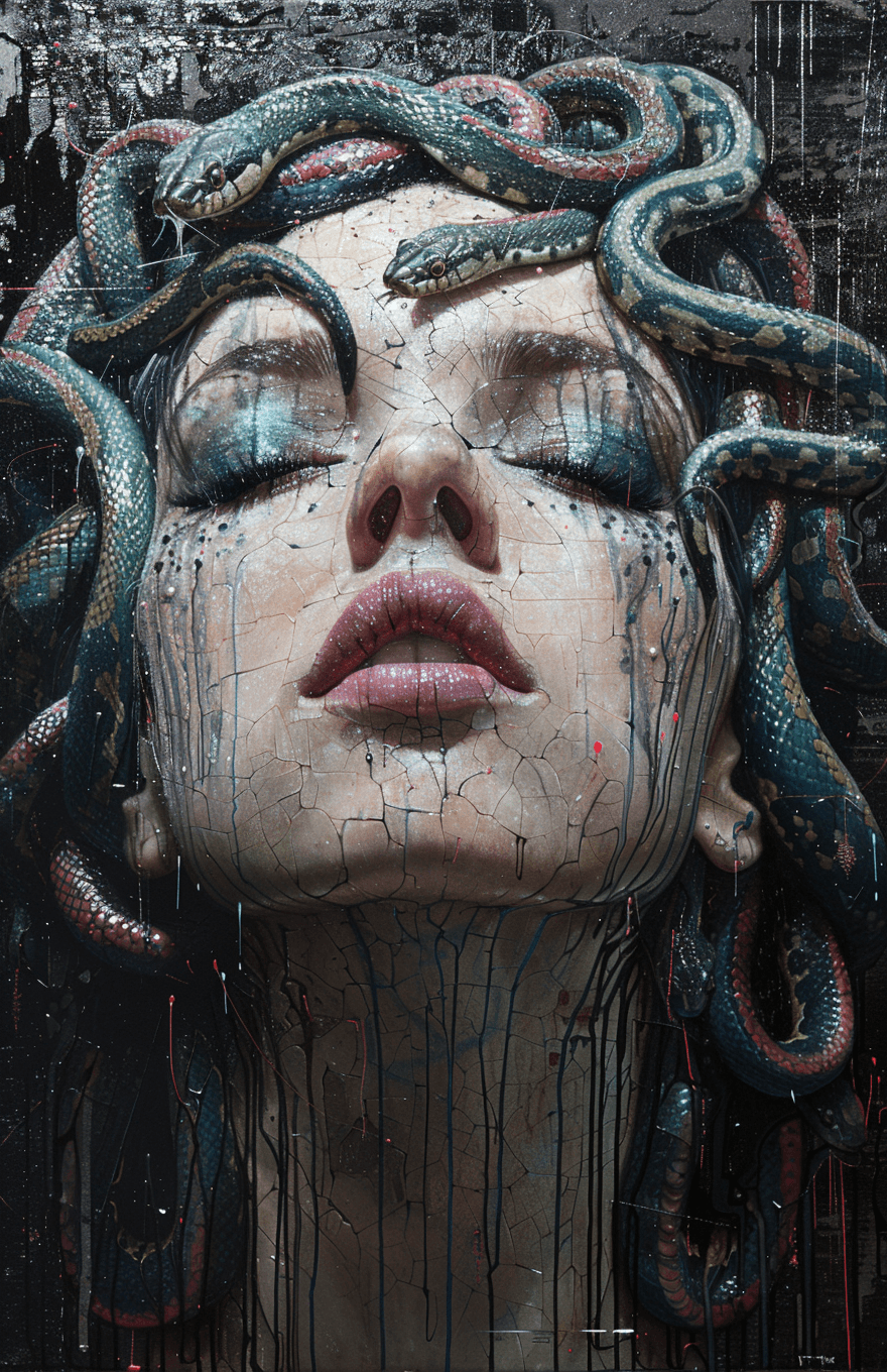 AI generated: painting of Medusa with snakes, in graffiti style on her face, flat perspective, high contrast, dark...