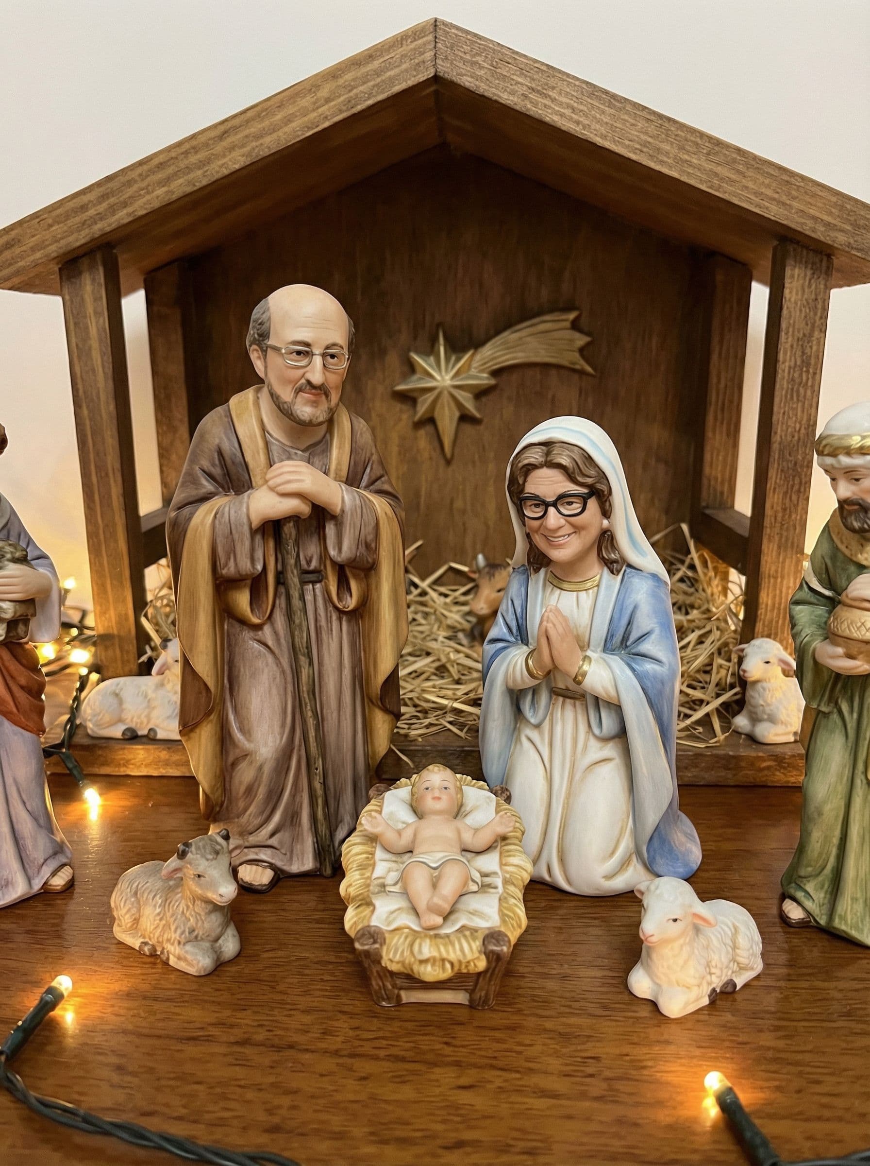 AI generated: take this couple and put like Jose in Maria in a nativity scene. they are figurines. keep the exact ...