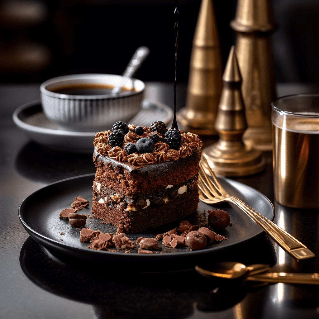 AI generated: food photography,chocolate cake,coffee in nice cap,in a luxurious Michelin kitchen style, depth of f...
