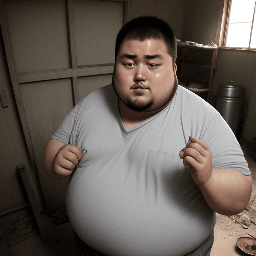 AI generated: Fat, ugly guy, no glasses, digging his nose. In a dirty house, Asian, middle shot