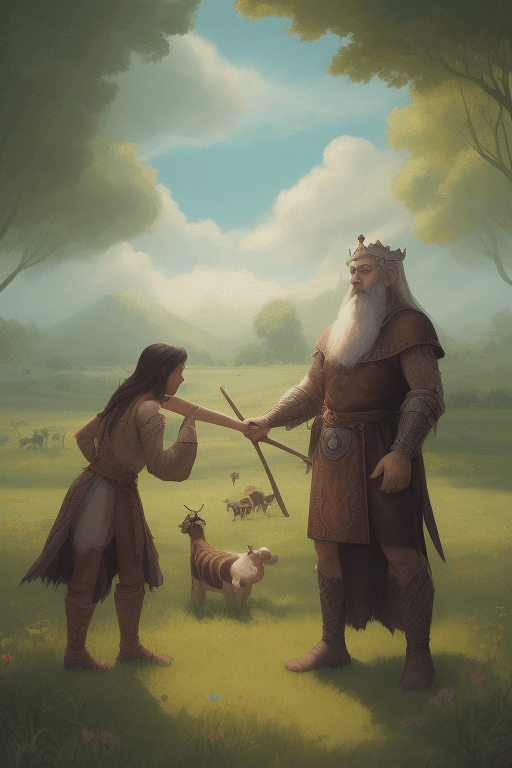 AI generated: A wizard and a king playing on a meadow, cows around, sunny, tropical, prehistoric, proto-indo-Europ...