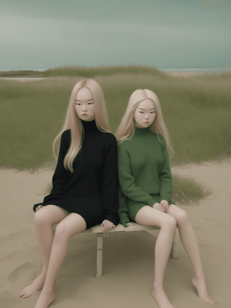 AI generated: a couple of women sitting on beach sand, inspired by Ren Hang, tumblr, standing in grassy field, bla...