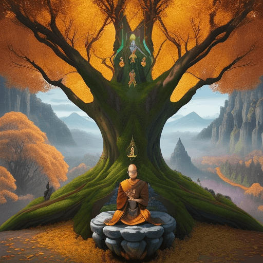 AI generated: Step into a breathtaking fantasy world during the serene fall season. A tranquil monk, in regal robe...