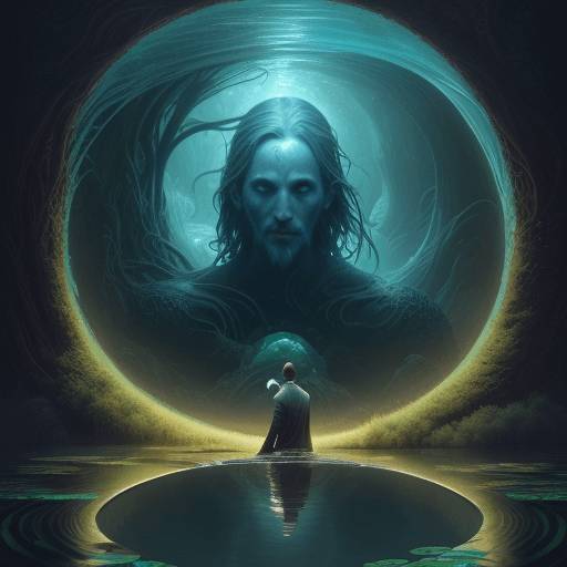 AI generated: a man in a pond, looking through the hole, in the style of visionary otherworldly, gigantic scale, f...