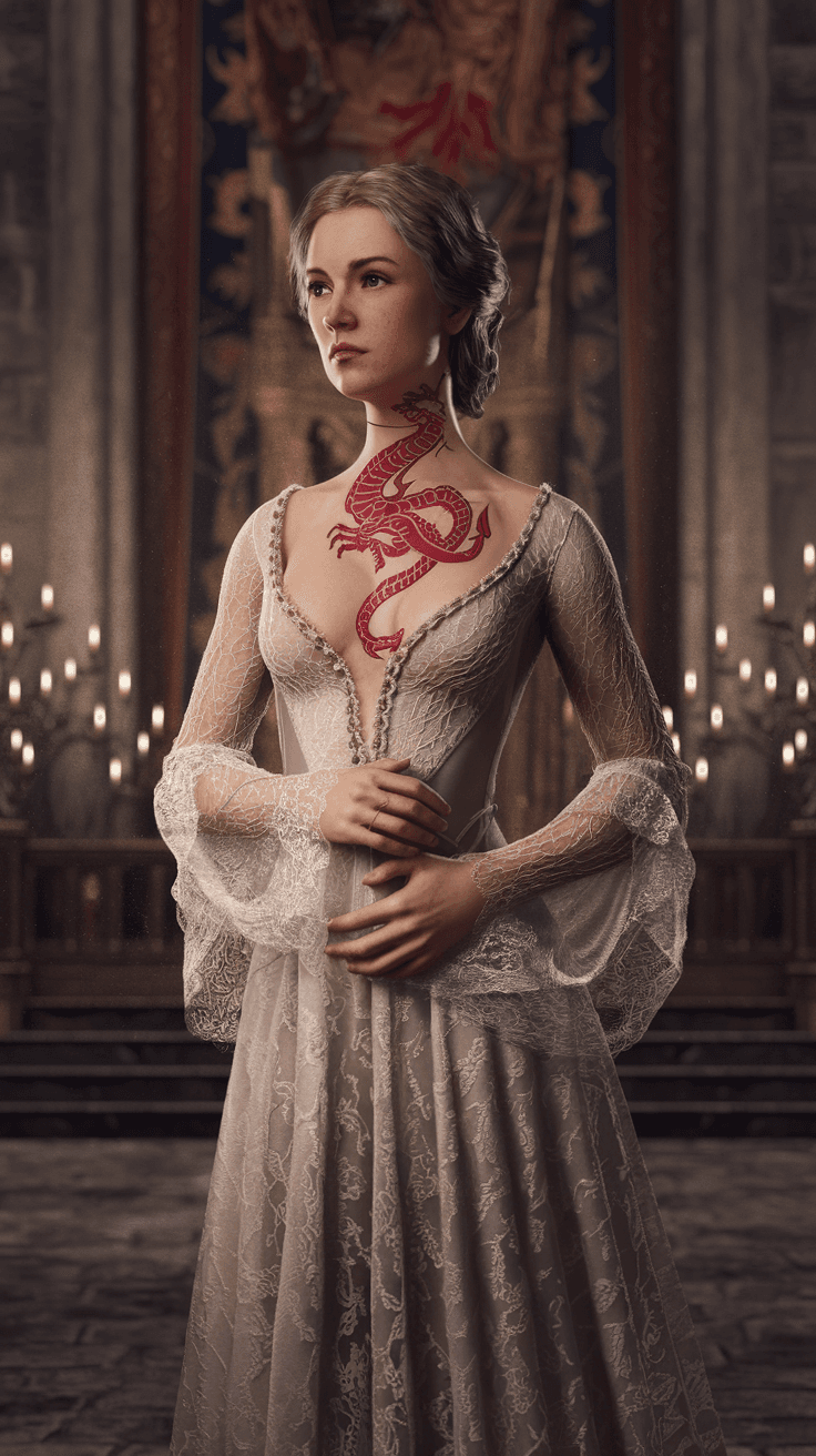 AI generated: a full-body view of a noblewoman from the Middle Ages of England, elegantly poised in a grand, dimly...