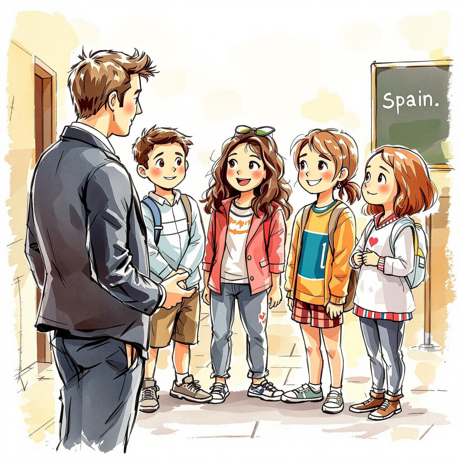 AI generated:  a realistic drawing of a group of 12-year-old boys and girls from spain presenting themselves to a ...
