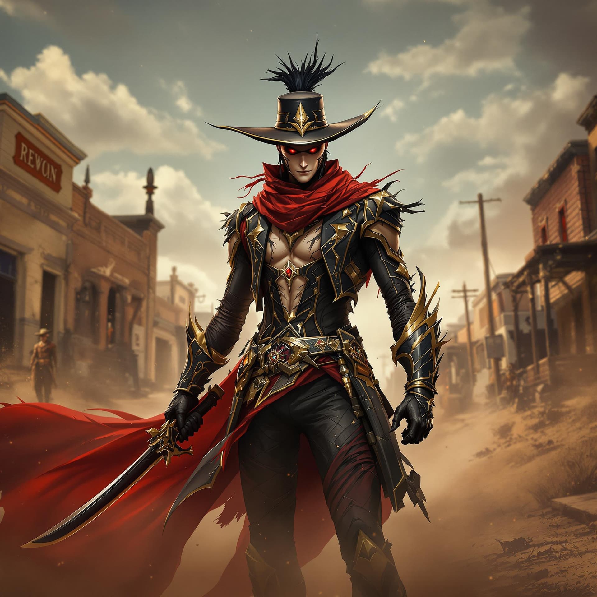 AI generated: Capture High Noon Jhin in a hyper-realistic photograph set amidst a dusty and desolate Wild West tow...