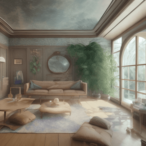 AI generated: High resolution photography interior design, dreamy sunken living room conversation pit, wooden floo...