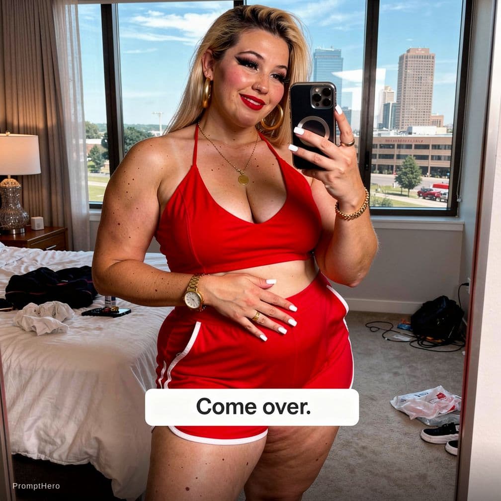 AI generated: A 22 year old chubby white woman with an exceptionally curvy figure takes a mirror selfie in a moder...