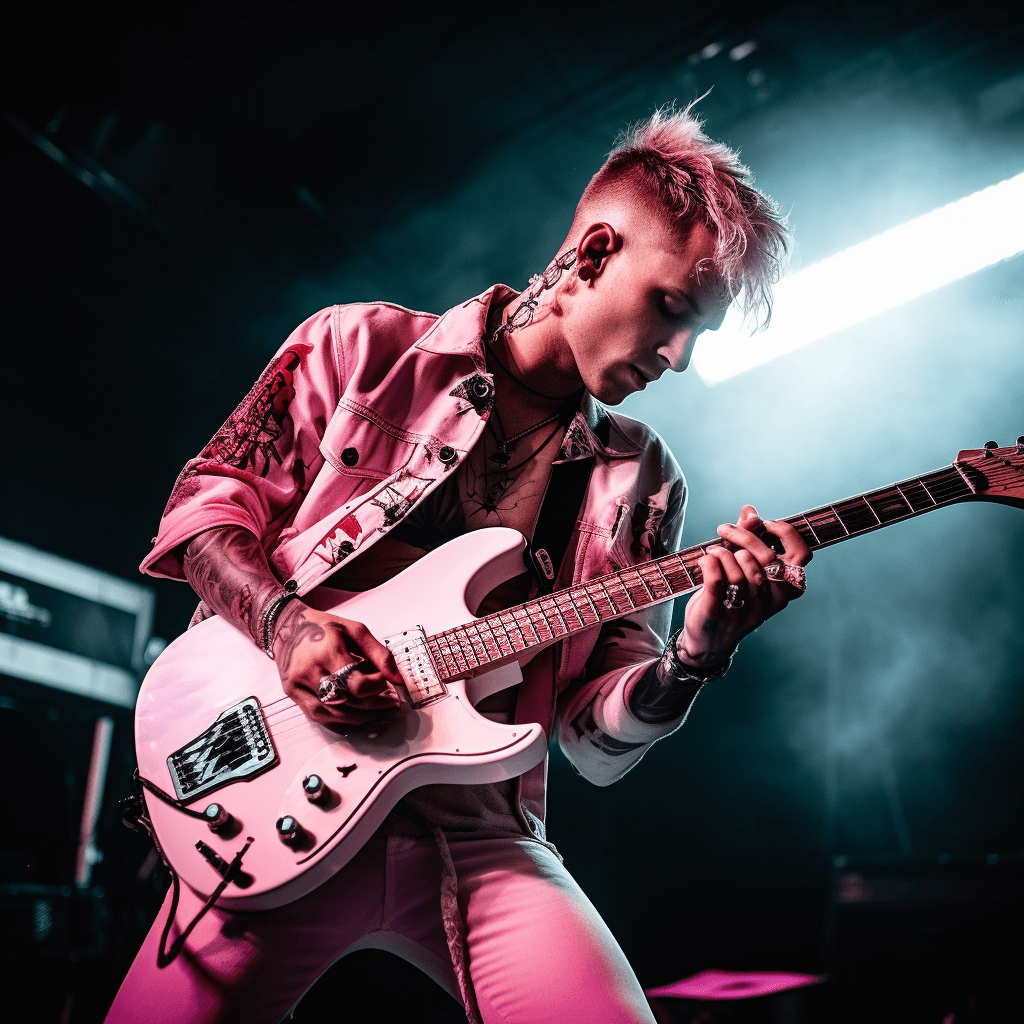 AI generated: Machine gun Kelly playing a pink eletric guitar, ultra realistic photo, concert, 8k
