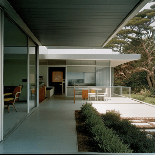AI generated: iron manHyper realistic eye level exterior photo of a mid century modern style house overlooking the...