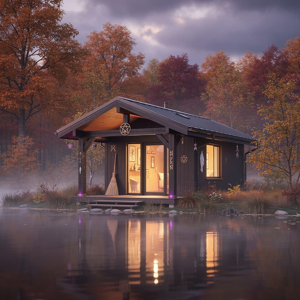 AI generated: Quaint minimalist and modern witch's cabin by the lake, autumn forest background, purple and honey c...
