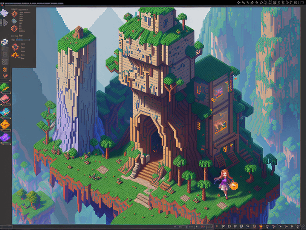 AI generated: make the girl at the center front panel and make her bigger, more like pixel art. high pixeleted pic...