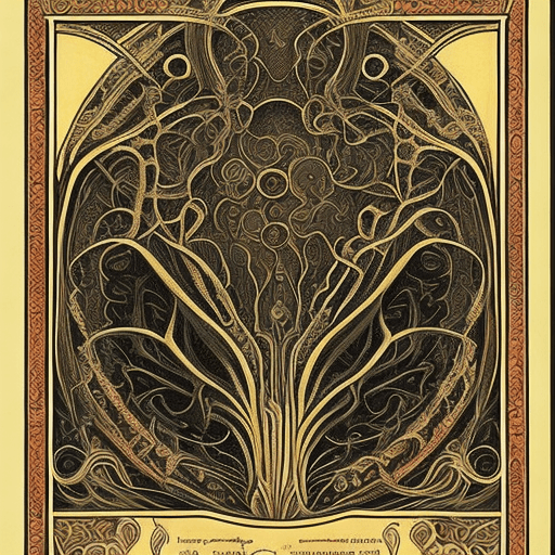 AI generated: art nouveau poster of the Necronomicon by Lovecraft, ornate tapestry illustration, wall hanging, dra...
