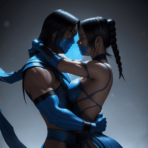 AI generated: sub-zero and kitana with her costume showing affection and love, romantic, floating hearts, detailed...