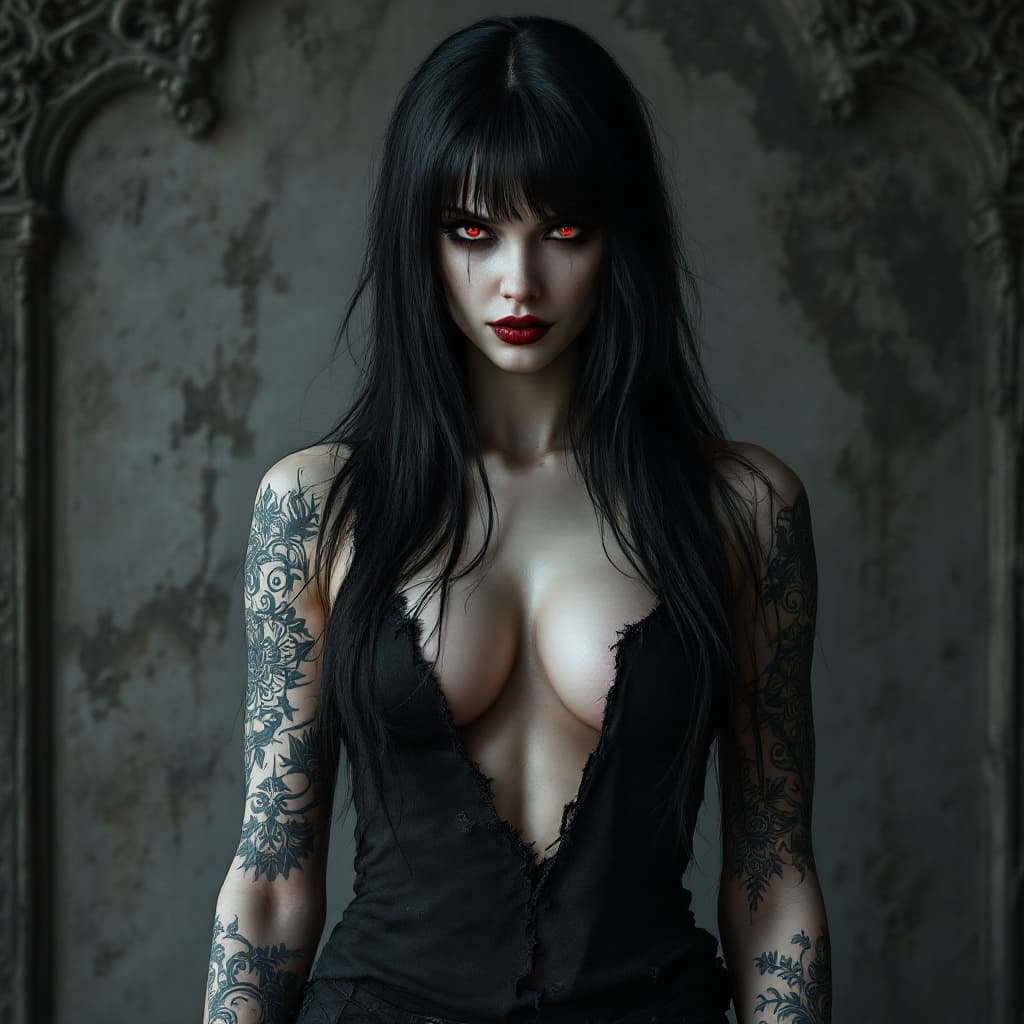 AI generated: A hyper-realistic portrait of a 28yo goth woman with pale porcelain skin and long raven-black hair, ...