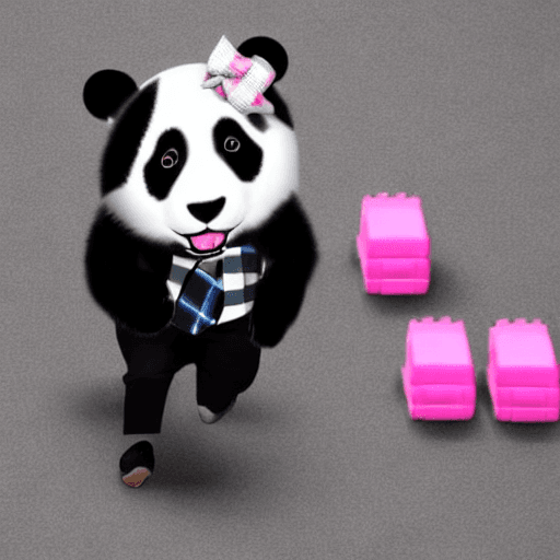 AI generated: a black and white panda wearing: a black bowler hat, a tartan bow tie, pink roller skates, he is run...