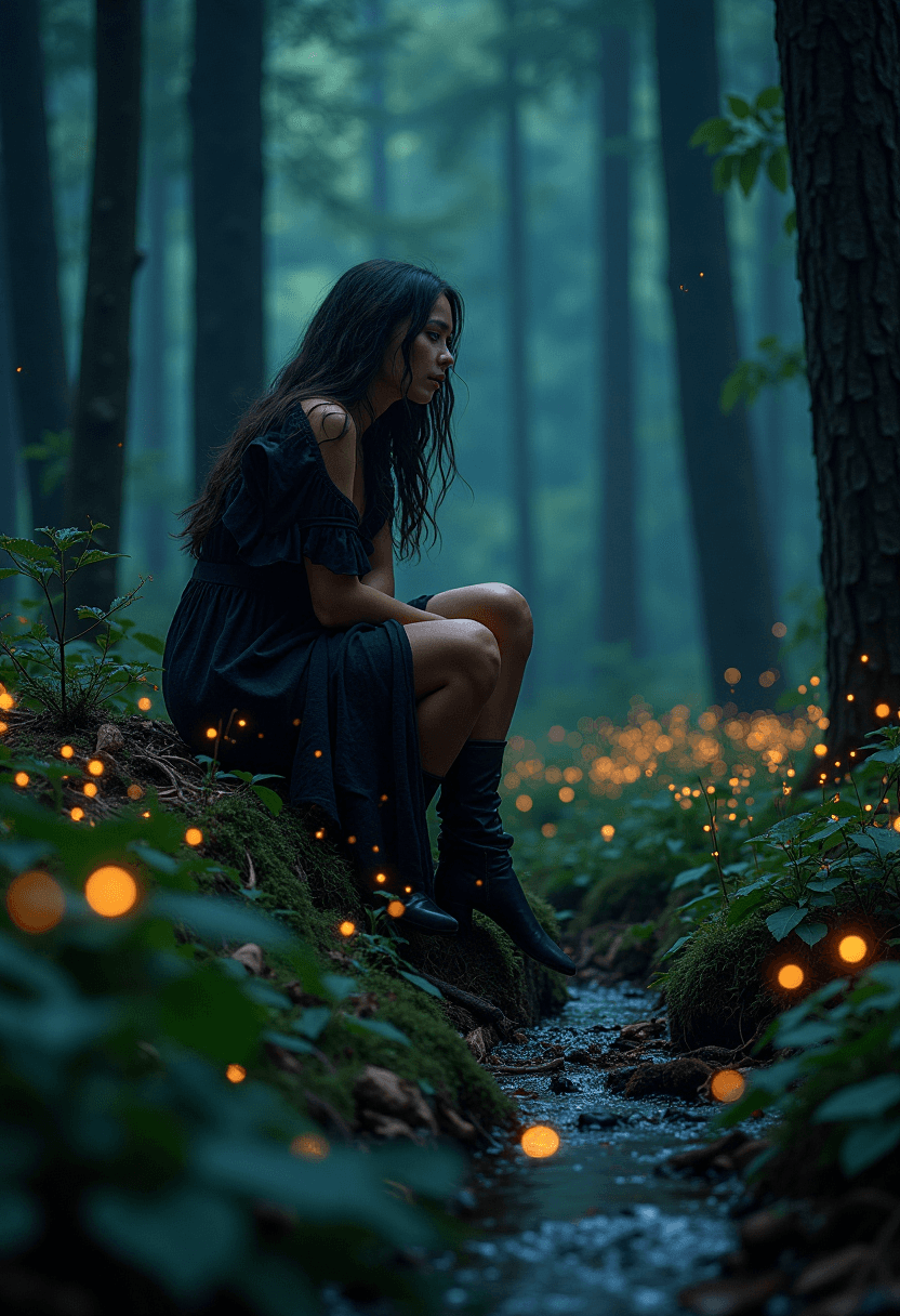 AI generated: Forest witch of stunning beauty sits on the banks of a small forest creek at night. wearing a forest...