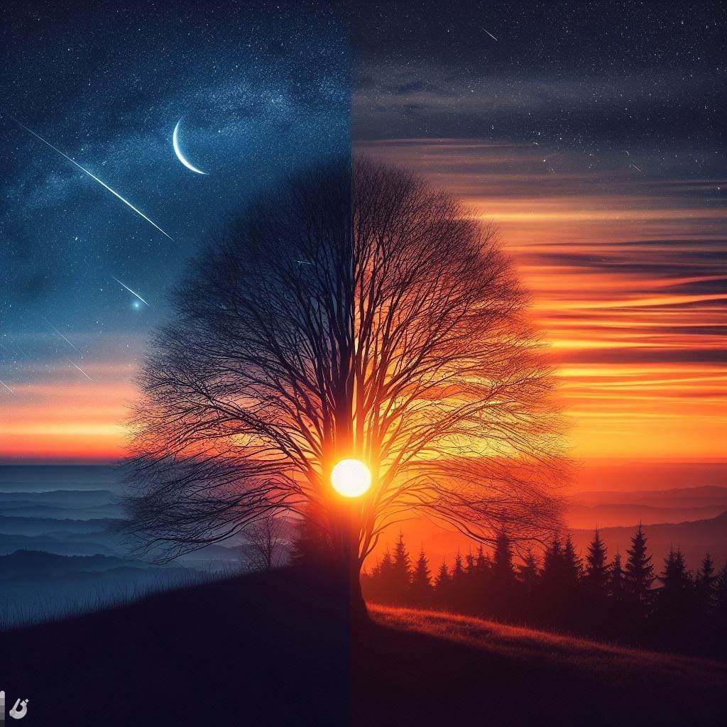 AI generated: Split image of a sunset on the old year and the dawn of a new year