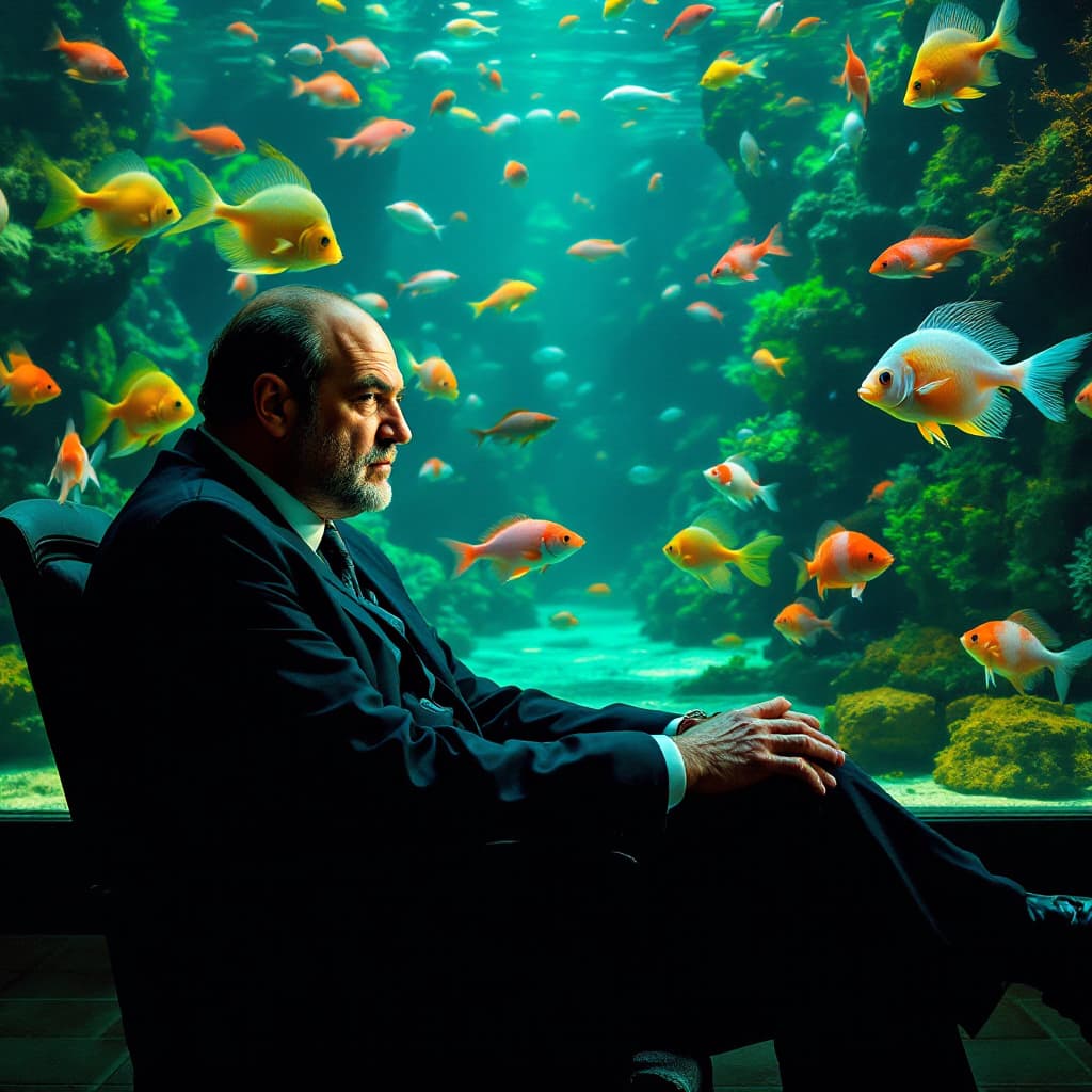 AI generated: create Tony Soprano where he sits against the backdrop of a large number of aquariums with a fish in...