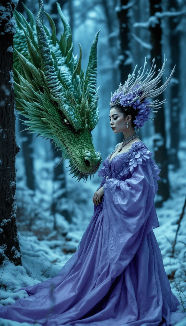 AI generated: candid closeup photo of an eccentric traditional lotus queen, standing next to a gigantic real green...