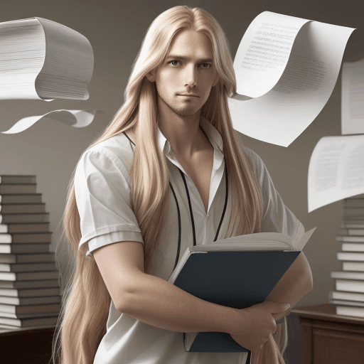 AI generated: an English teacher girl with long blond flowing hair stands with his arms crossed, textbooks and she...