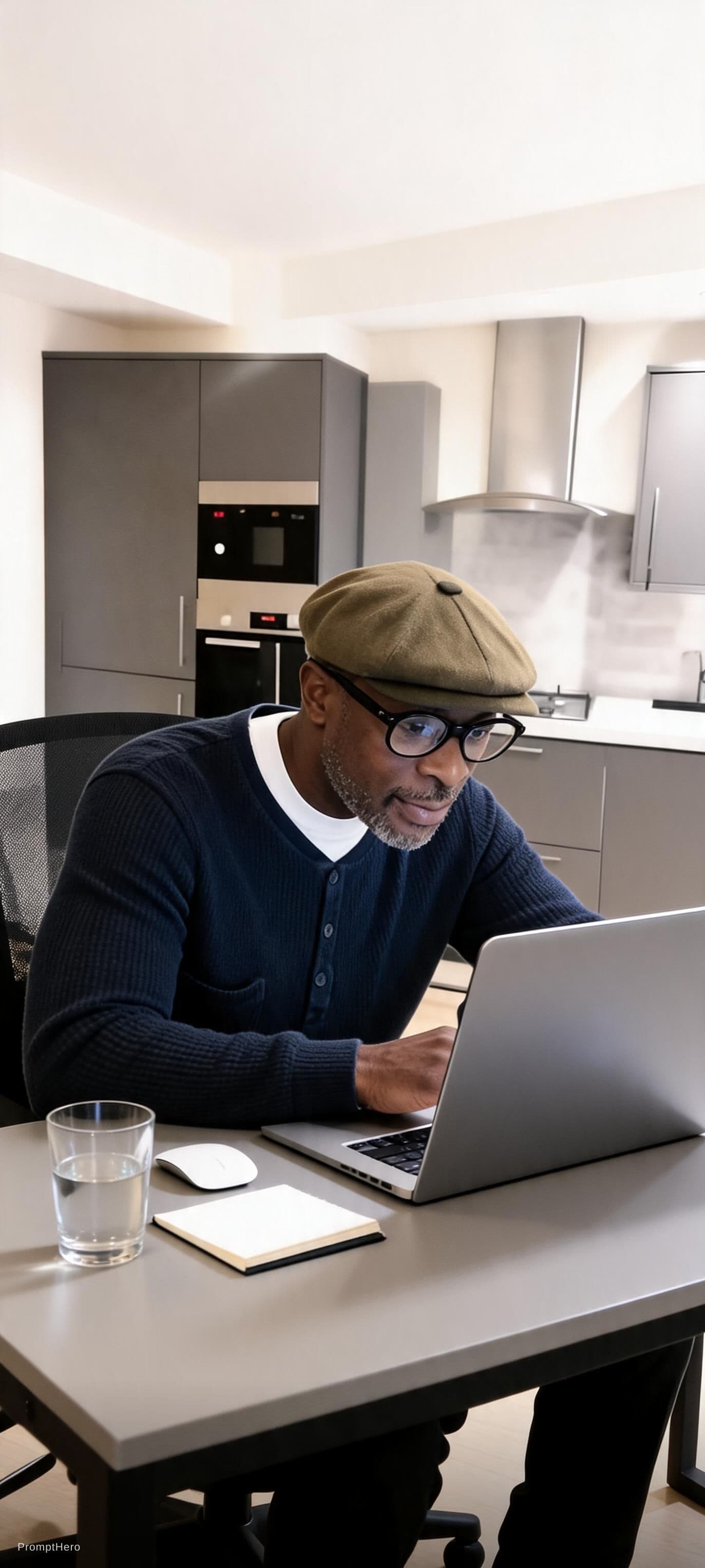 AI generated: i want a picture of this man working at a desk in a slightly upgraded office space in his house. mus...